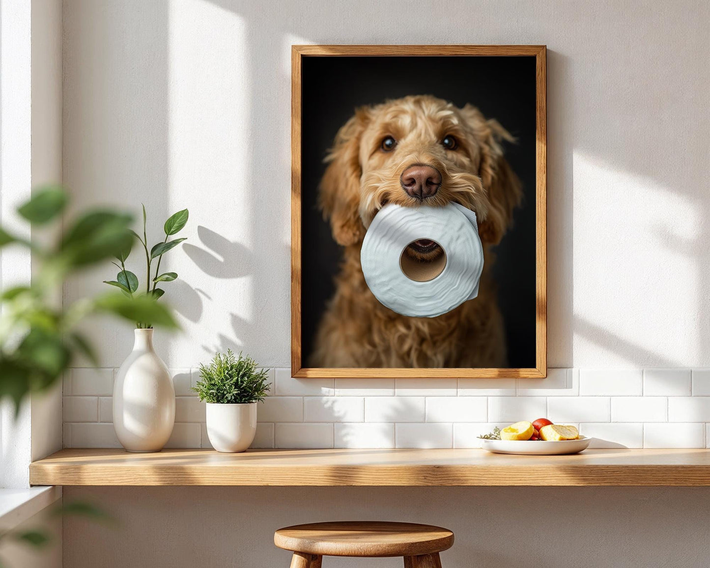 Goldendoodle Holding Toilet Paper – Funny Dog Bathroom Wall Art, Cute Golden Doodle Print for Dog Lovers, Unframed Pet Photography Decor
