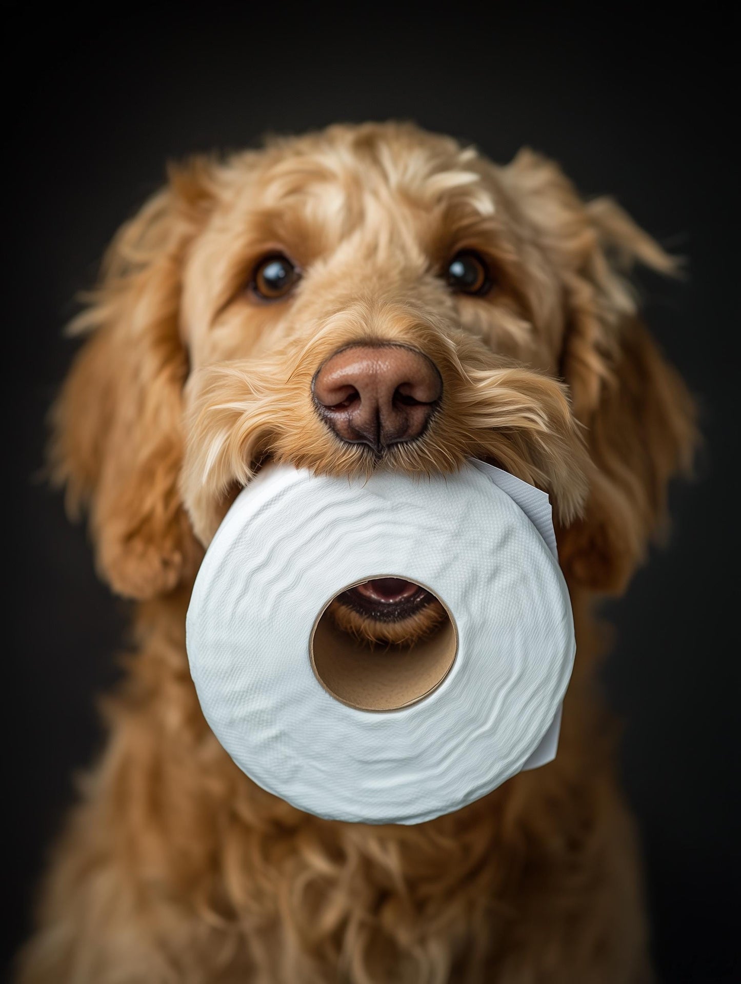Goldendoodle Holding Toilet Paper – Funny Dog Bathroom Wall Art, Cute Golden Doodle Print for Dog Lovers, Unframed Pet Photography Decor