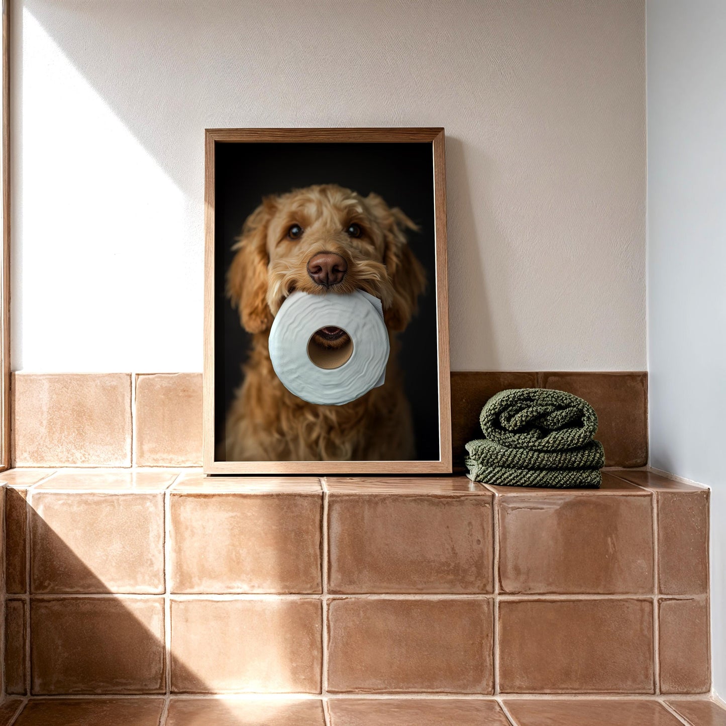 Goldendoodle Holding Toilet Paper – Funny Dog Bathroom Wall Art, Cute Golden Doodle Print for Dog Lovers, Unframed Pet Photography Decor