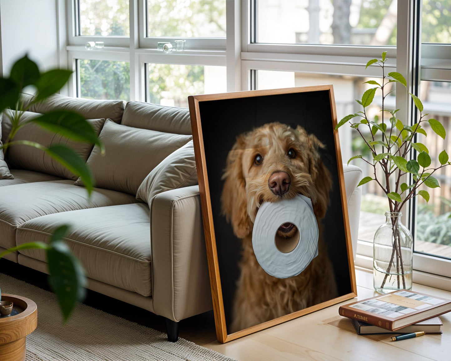 Goldendoodle Holding Toilet Paper – Funny Dog Bathroom Wall Art, Cute Golden Doodle Print for Dog Lovers, Unframed Pet Photography Decor