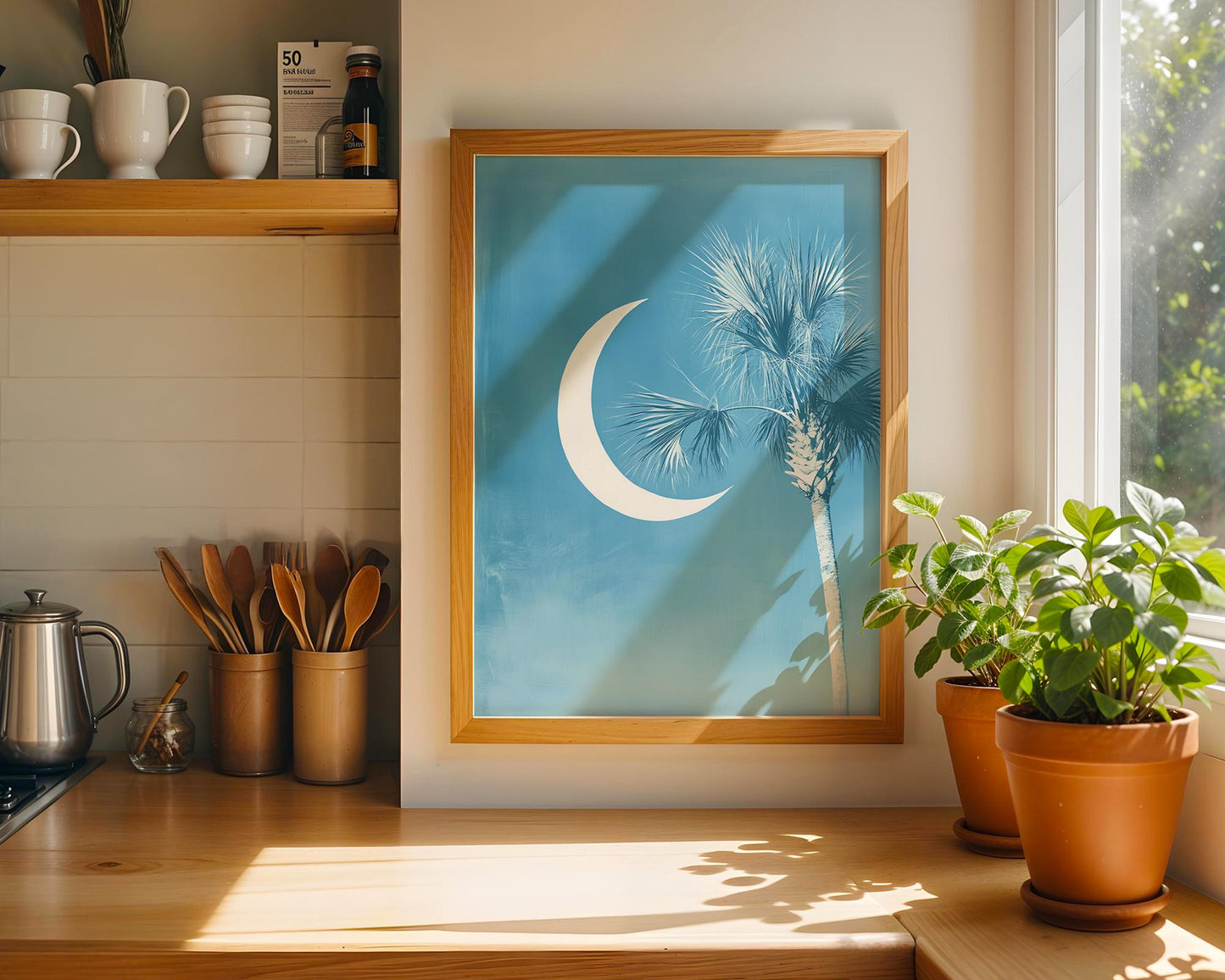 South Carolina Flag Art Print – Minimalist Crescent Moon & Palmetto Wall Decor, Coastal Southern Home Artwork, Blue Palm Tree Poster