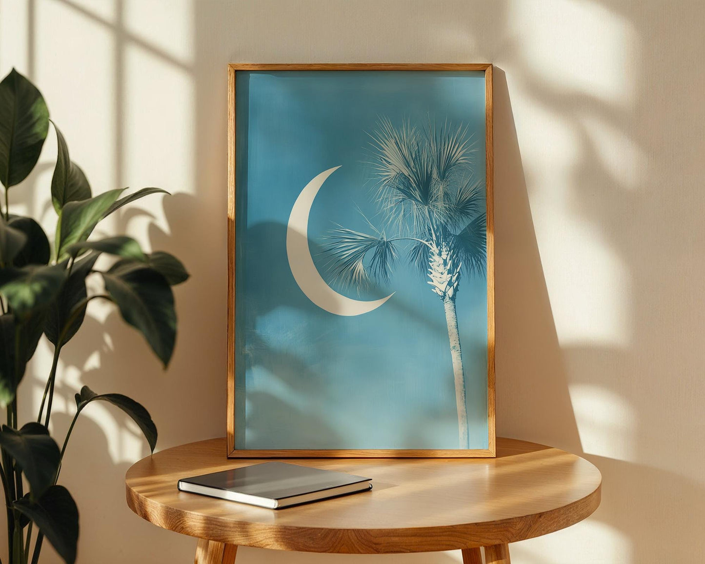South Carolina Flag Art Print – Minimalist Crescent Moon & Palmetto Wall Decor, Coastal Southern Home Artwork, Blue Palm Tree Poster