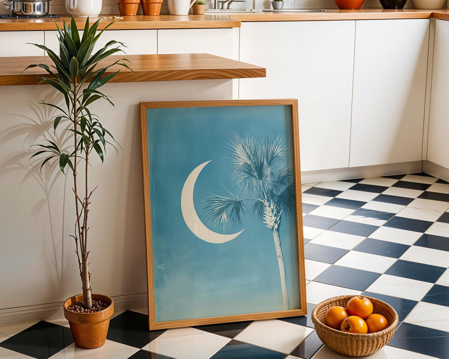 South Carolina Flag Art Print – Minimalist Crescent Moon & Palmetto Wall Decor, Coastal Southern Home Artwork, Blue Palm Tree Poster