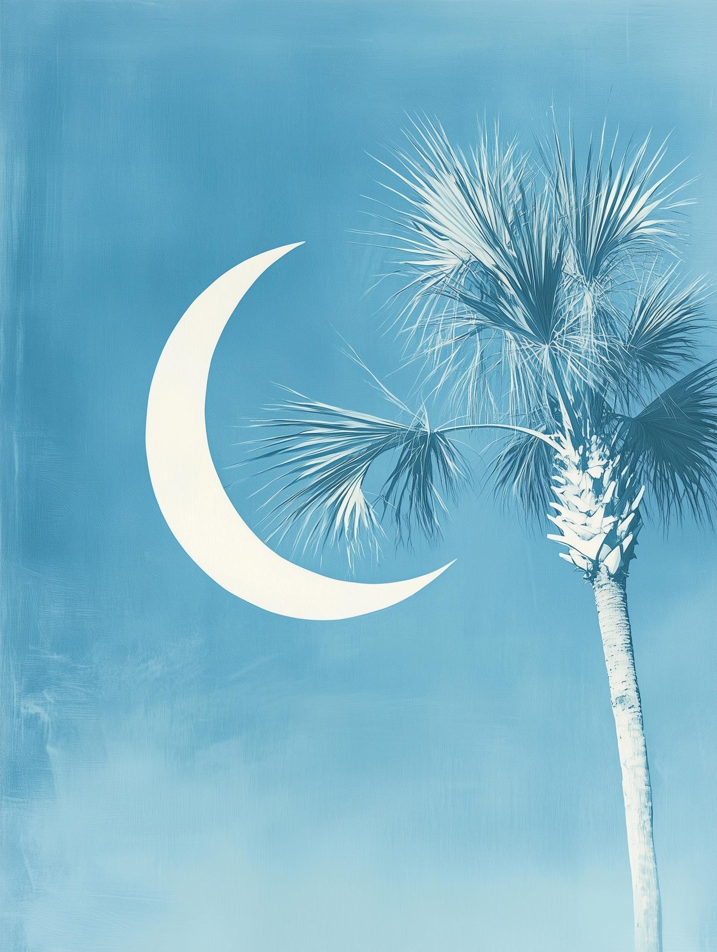 South Carolina Flag Art Print – Minimalist Crescent Moon & Palmetto Wall Decor, Coastal Southern Home Artwork, Blue Palm Tree Poster