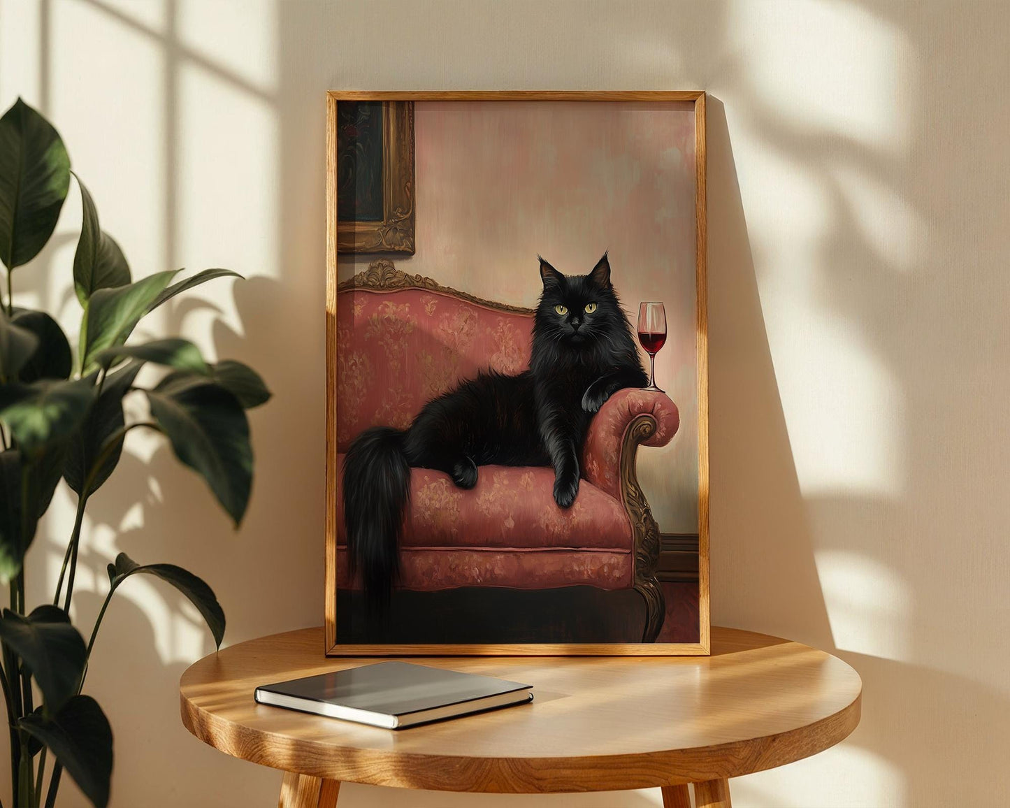 Elegant Black Cat Oil Painting – Funny Regal Cat Wall Art, Wine & Cat Lover Gift, Baroque Style Feline Portrait, Lounge Decor Print