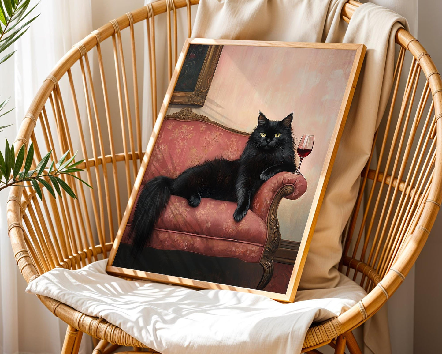 Elegant Black Cat Oil Painting – Funny Regal Cat Wall Art, Wine & Cat Lover Gift, Baroque Style Feline Portrait, Lounge Decor Print