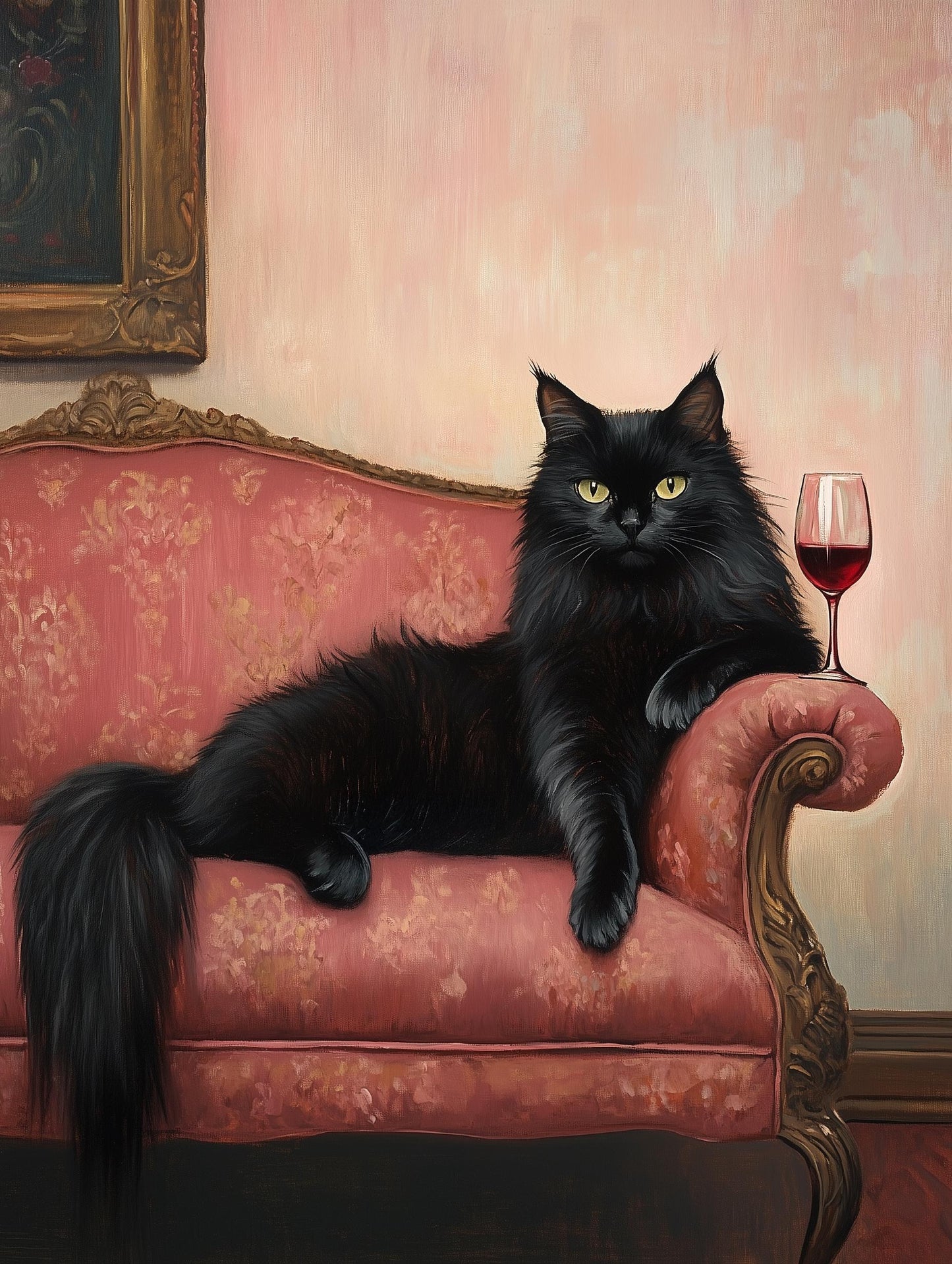 Elegant Black Cat Oil Painting – Funny Regal Cat Wall Art, Wine & Cat Lover Gift, Baroque Style Feline Portrait, Lounge Decor Print