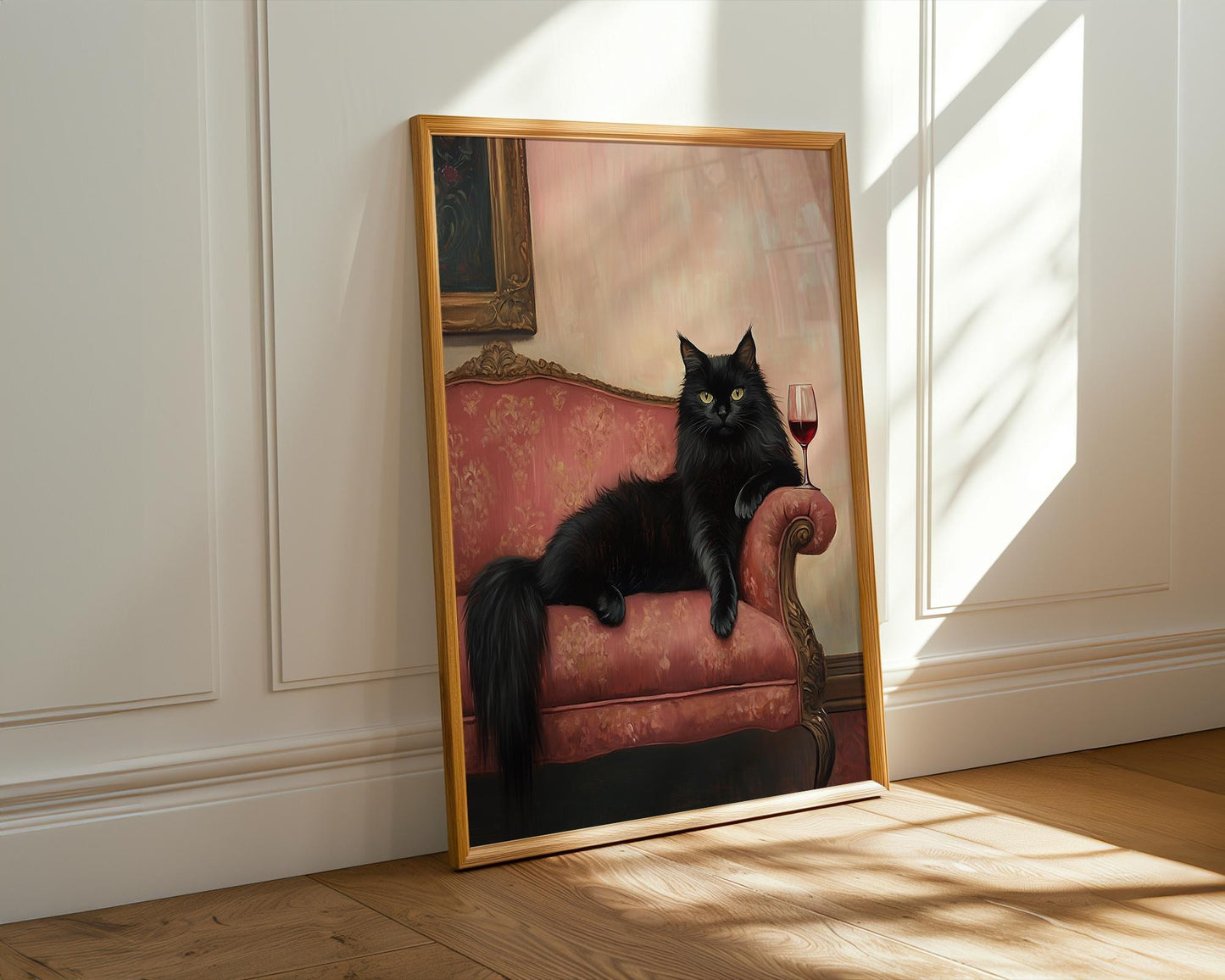 Elegant Black Cat Oil Painting – Funny Regal Cat Wall Art, Wine & Cat Lover Gift, Baroque Style Feline Portrait, Lounge Decor Print