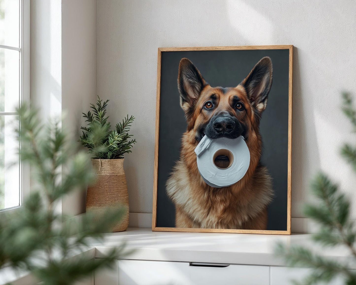 Funny German Shepherd Dog Holding Toilet Paper Roll – Cute Pet Wall Art, Gag Gift, Bathroom Decor for Dog Lovers