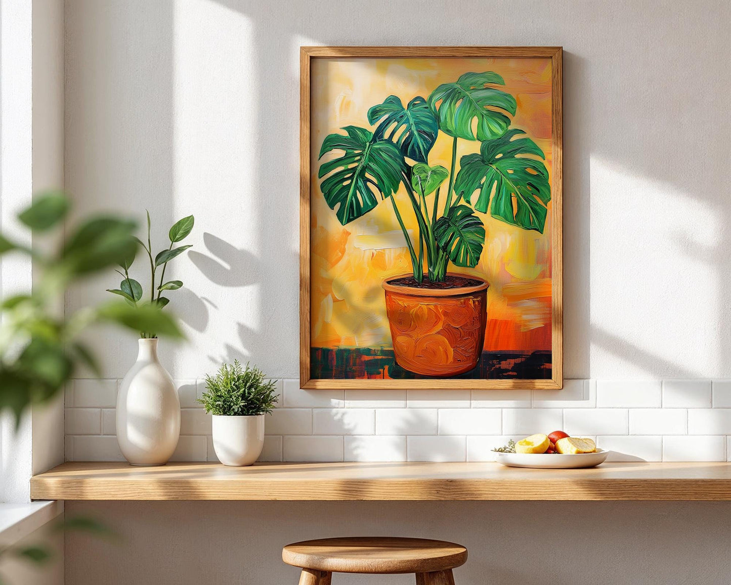 Monstera Plant Wall Art Print – Tropical Acrylic Painting, Botanical Jungle Decor, Boho Plant Lover Gift, Orange Background Art