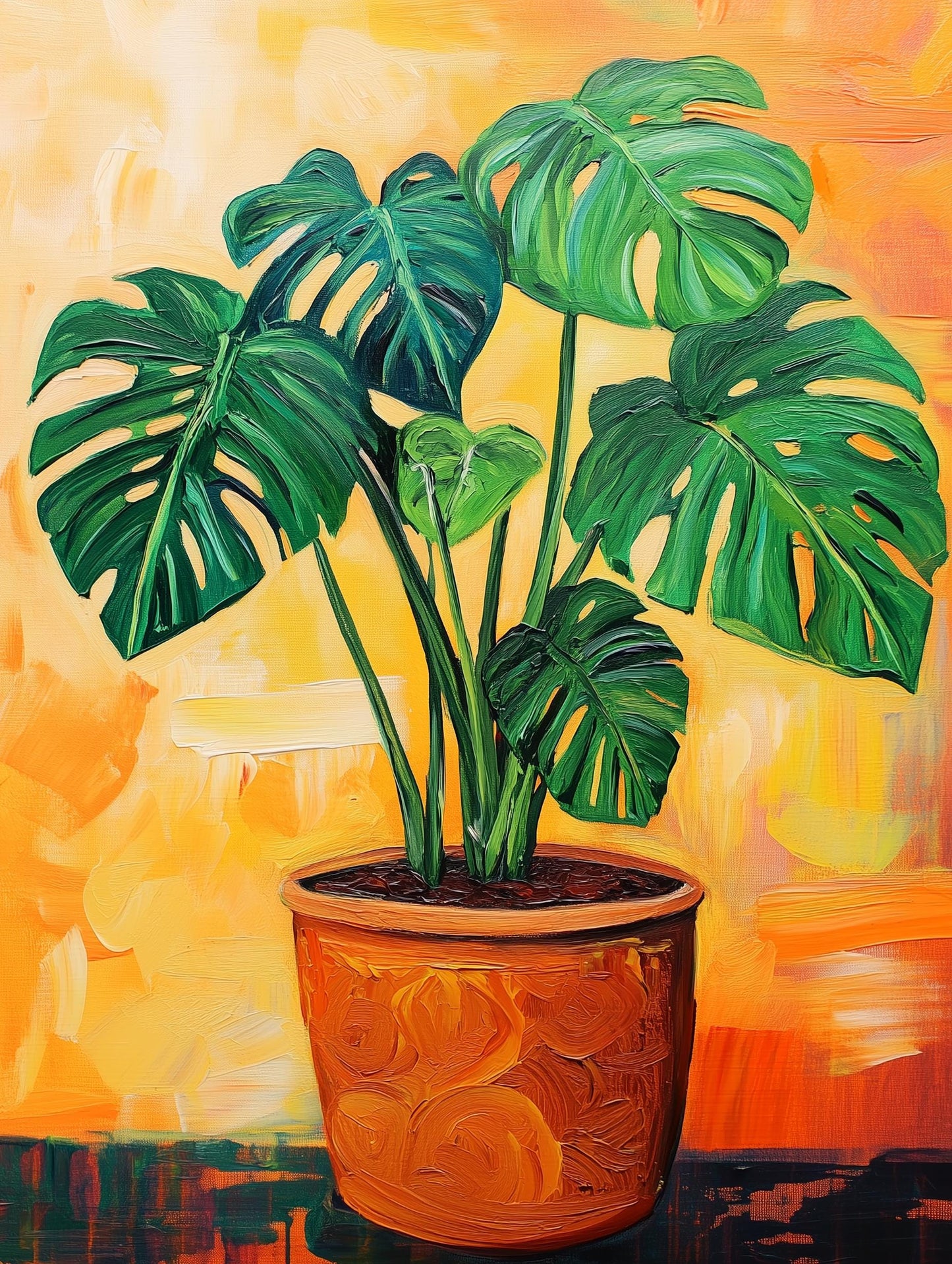 Monstera Plant Wall Art Print – Tropical Acrylic Painting, Botanical Jungle Decor, Boho Plant Lover Gift, Orange Background Art