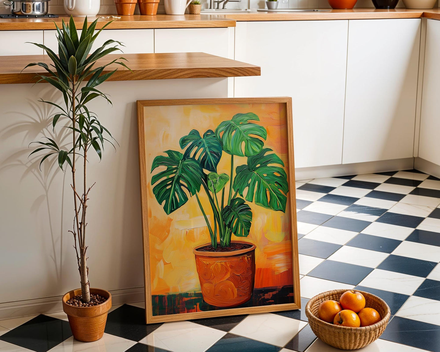 Monstera Plant Wall Art Print – Tropical Acrylic Painting, Botanical Jungle Decor, Boho Plant Lover Gift, Orange Background Art