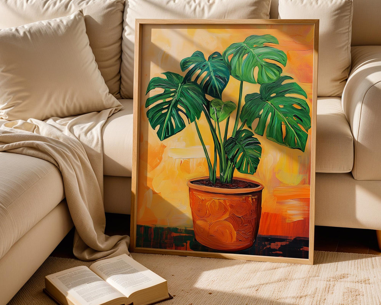 Monstera Plant Wall Art Print – Tropical Acrylic Painting, Botanical Jungle Decor, Boho Plant Lover Gift, Orange Background Art