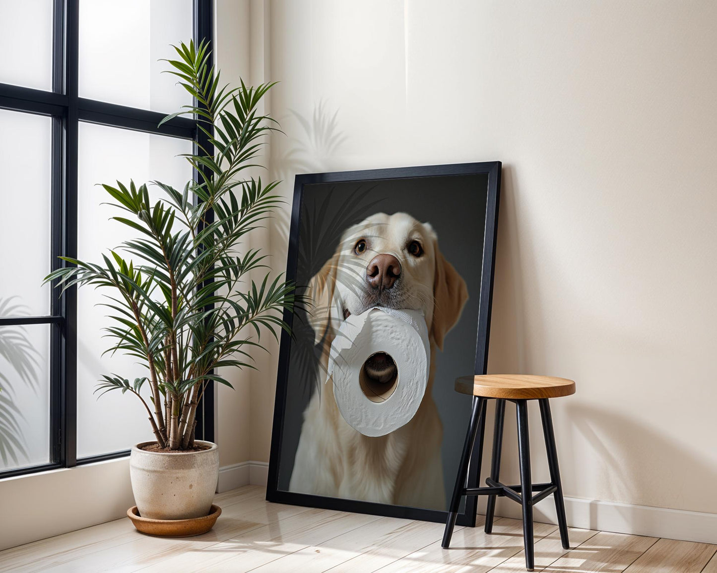 Yellow Lab Dog with Toilet Paper – Funny Labrador Bathroom Wall Art Print, Gag Gift for Dog Lovers, Cute Golden Retriever Decor