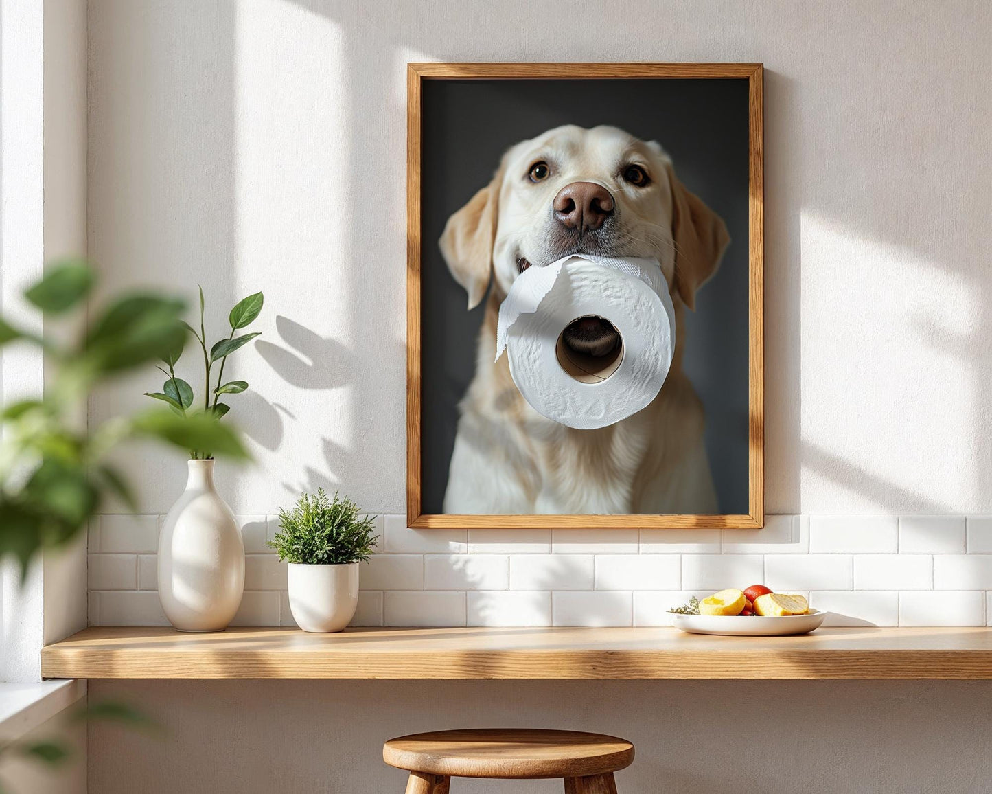 Yellow Lab Dog with Toilet Paper – Funny Labrador Bathroom Wall Art Print, Gag Gift for Dog Lovers, Cute Golden Retriever Decor