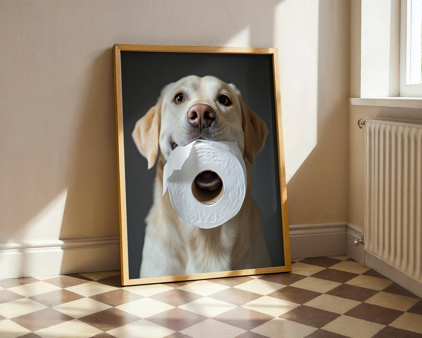 Yellow Lab Dog with Toilet Paper – Funny Labrador Bathroom Wall Art Print, Gag Gift for Dog Lovers, Cute Golden Retriever Decor