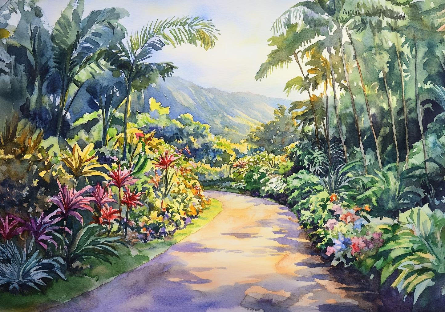 Road to Hana Watercolor Print – Tropical Botanical Path Wall Art, Hawaii Nature Painting, Lush Jungle Landscape Home Decor