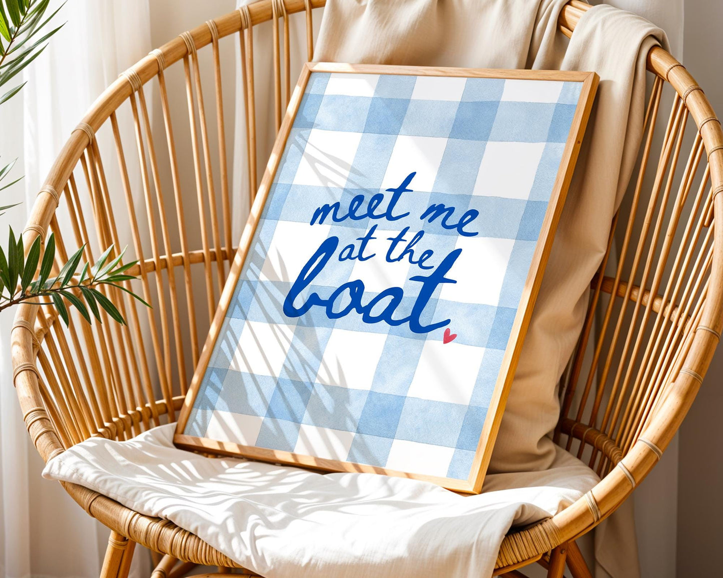 Meet Me at the Boat Art Print – Nautical Lake House Wall Decor, Blue Gingham Summer Sign, Coastal Cabin Quote, Boat Life Gift