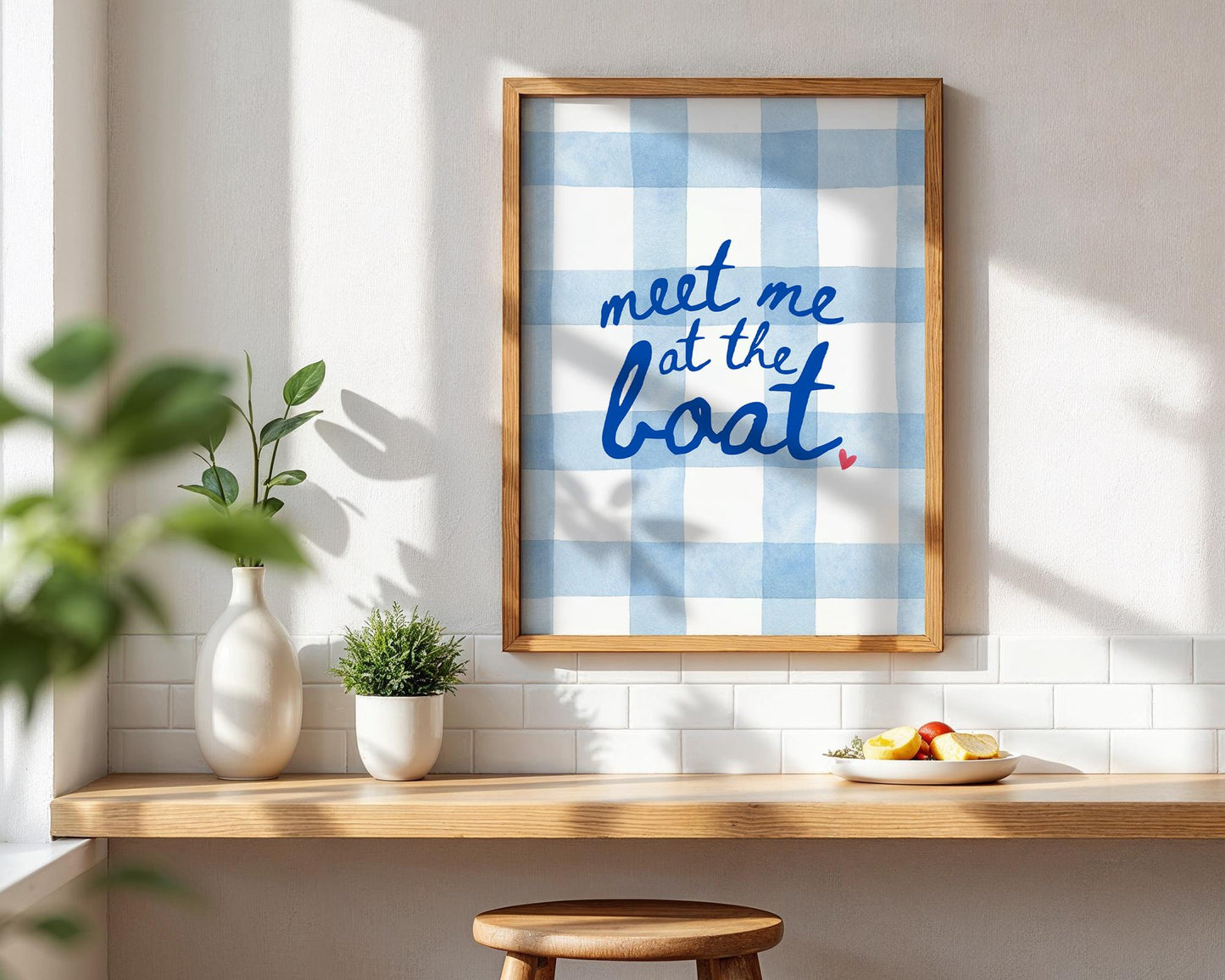 Meet Me at the Boat Art Print – Nautical Lake House Wall Decor, Blue Gingham Summer Sign, Coastal Cabin Quote, Boat Life Gift