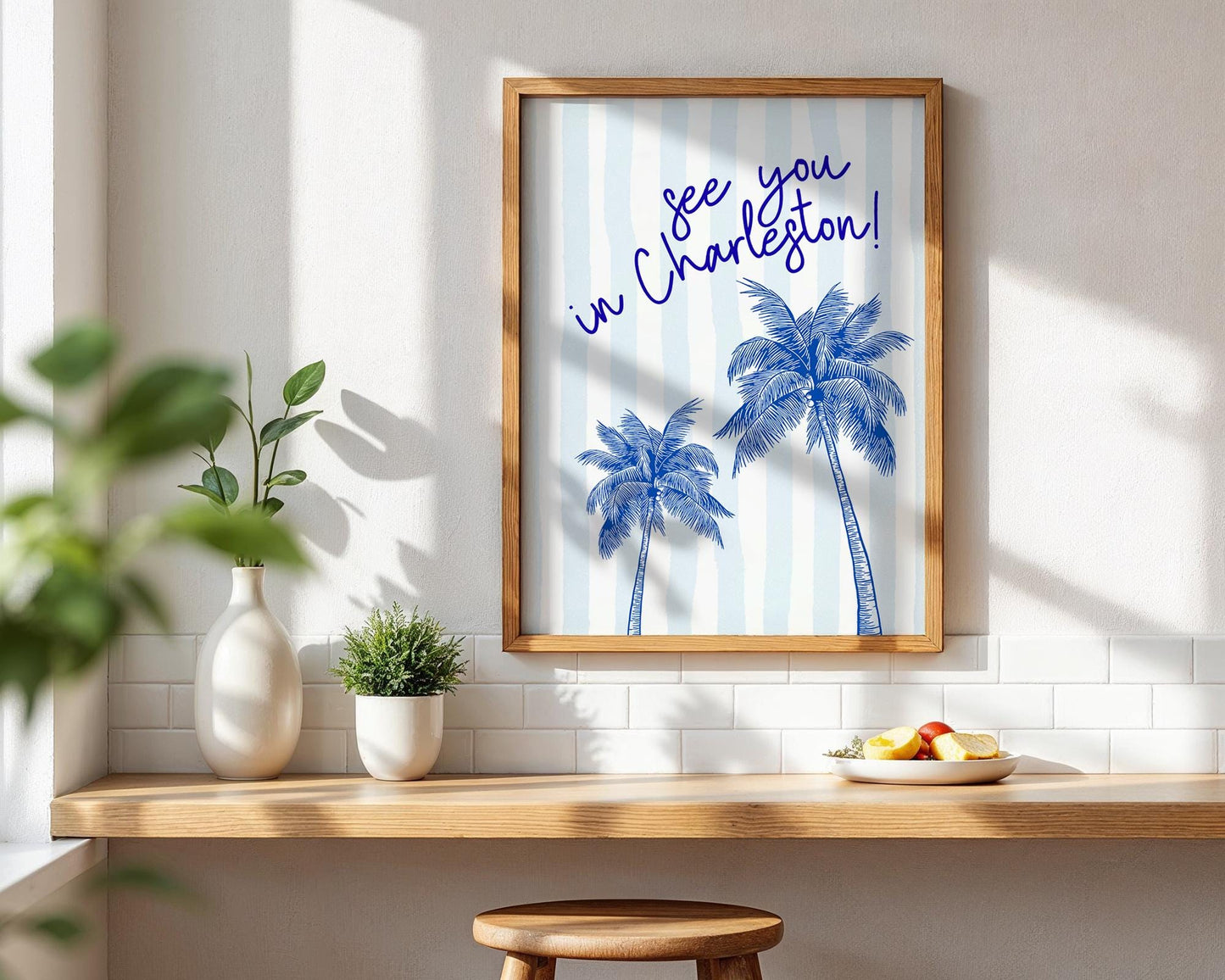 See You in Charleston Print – Blue Palmetto Tree Wall Art, Coastal South Carolina Decor, Preppy Travel Quote Poster, Beach House Gift