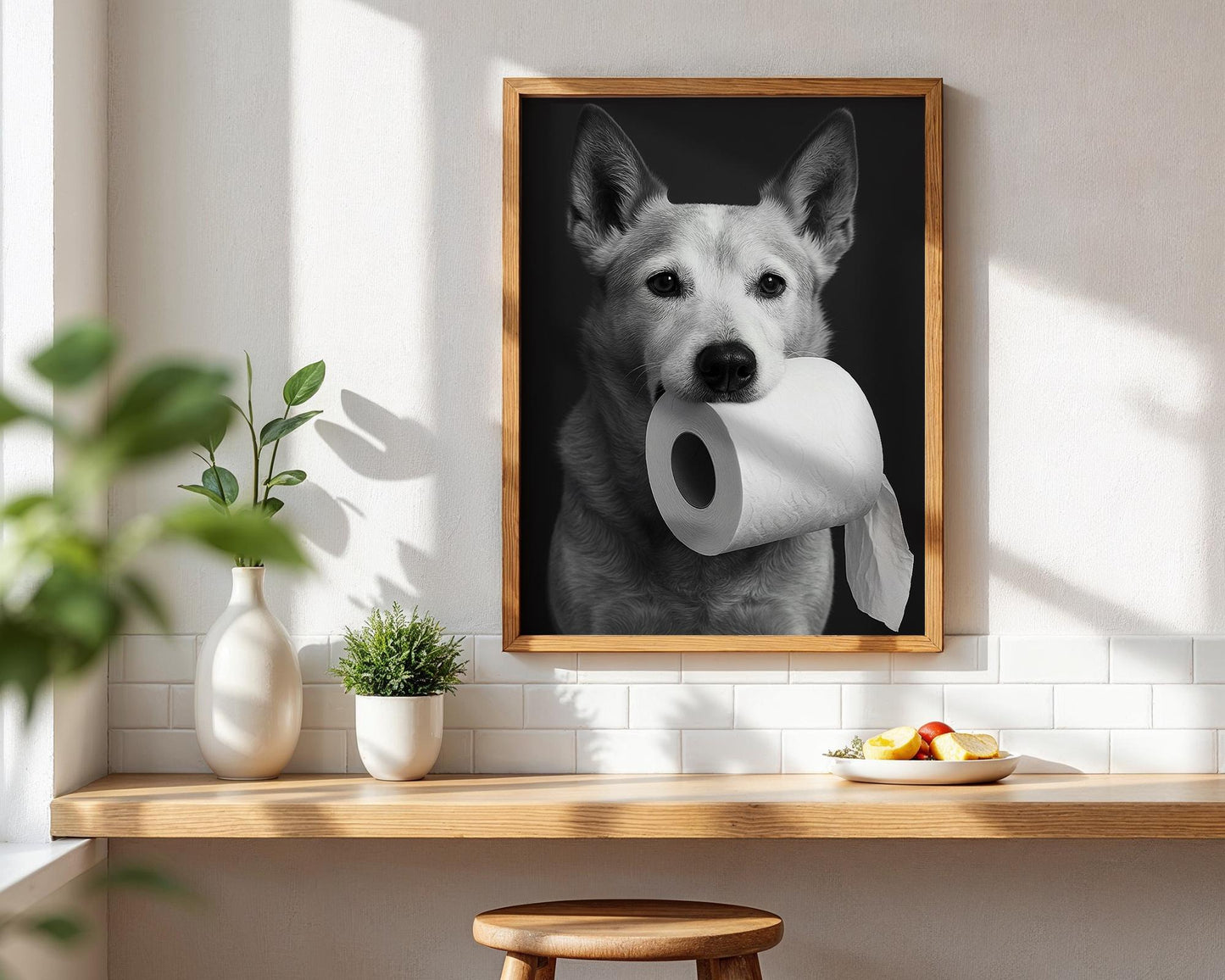 Black and White Dog Photo with Toilet Paper – Pet Wall Art Print, Monochrome Bathroom Decor, Heeler Dog Lover Gift