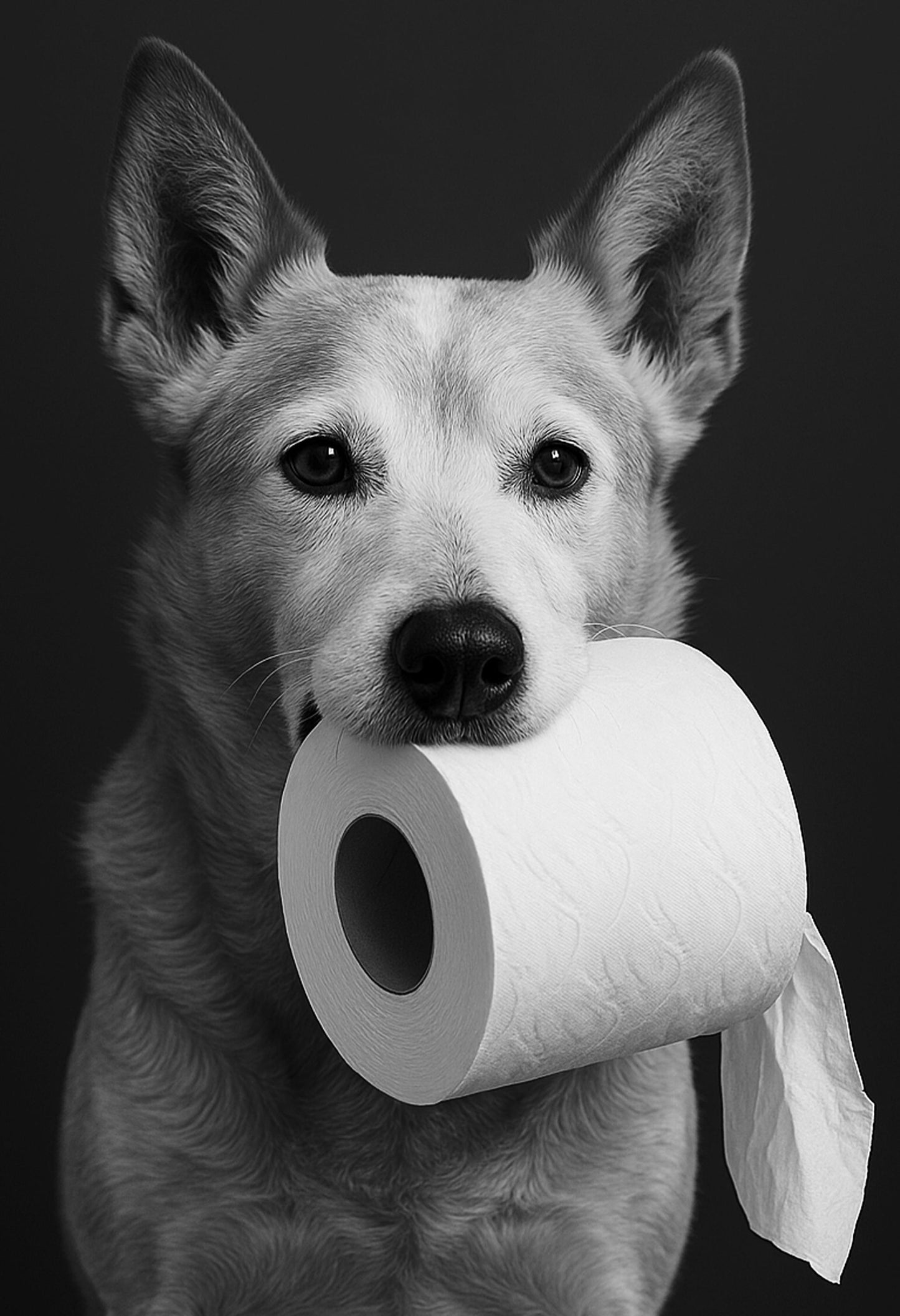 Black and White Dog Photo with Toilet Paper – Pet Wall Art Print, Monochrome Bathroom Decor, Heeler Dog Lover Gift