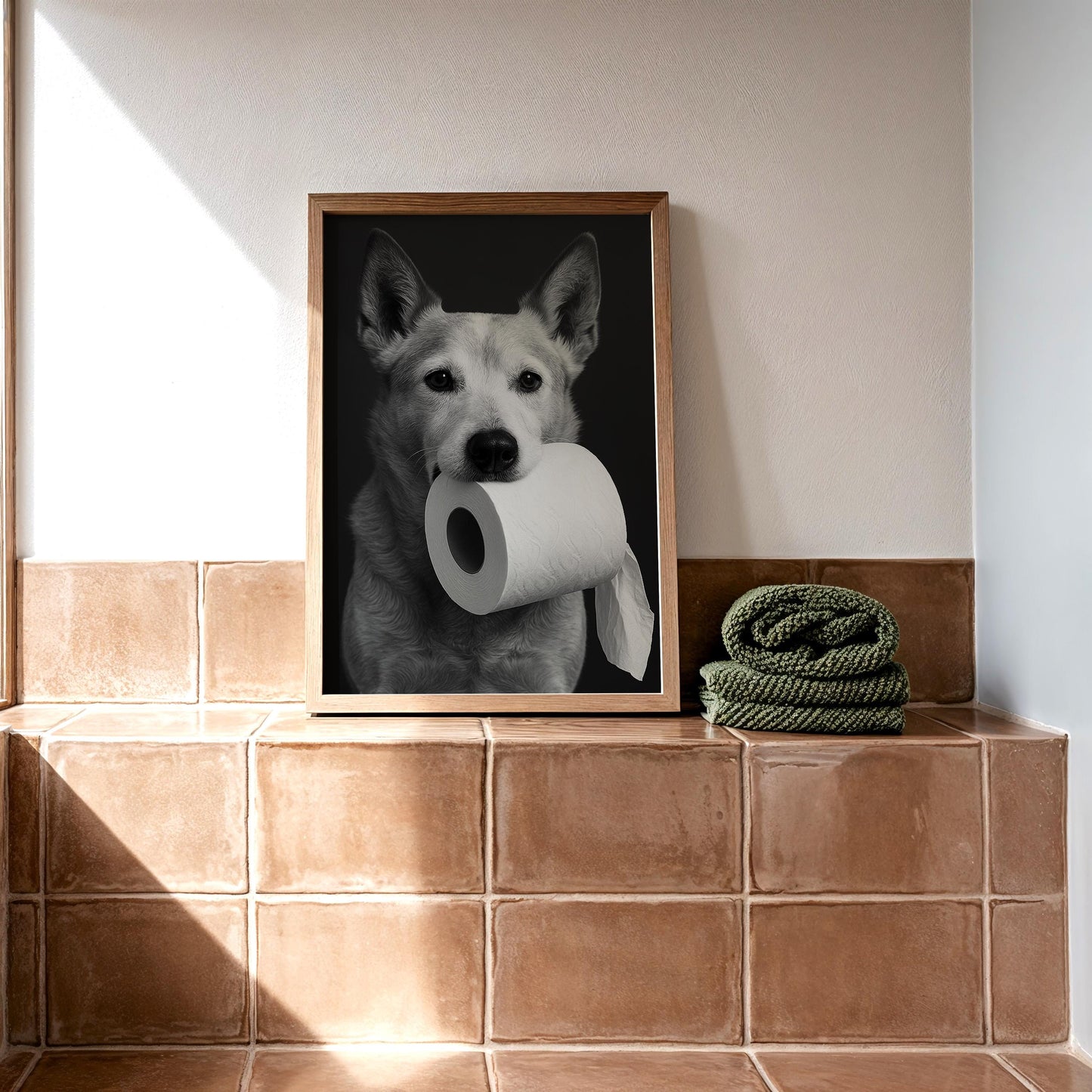 Black and White Dog Photo with Toilet Paper – Pet Wall Art Print, Monochrome Bathroom Decor, Heeler Dog Lover Gift