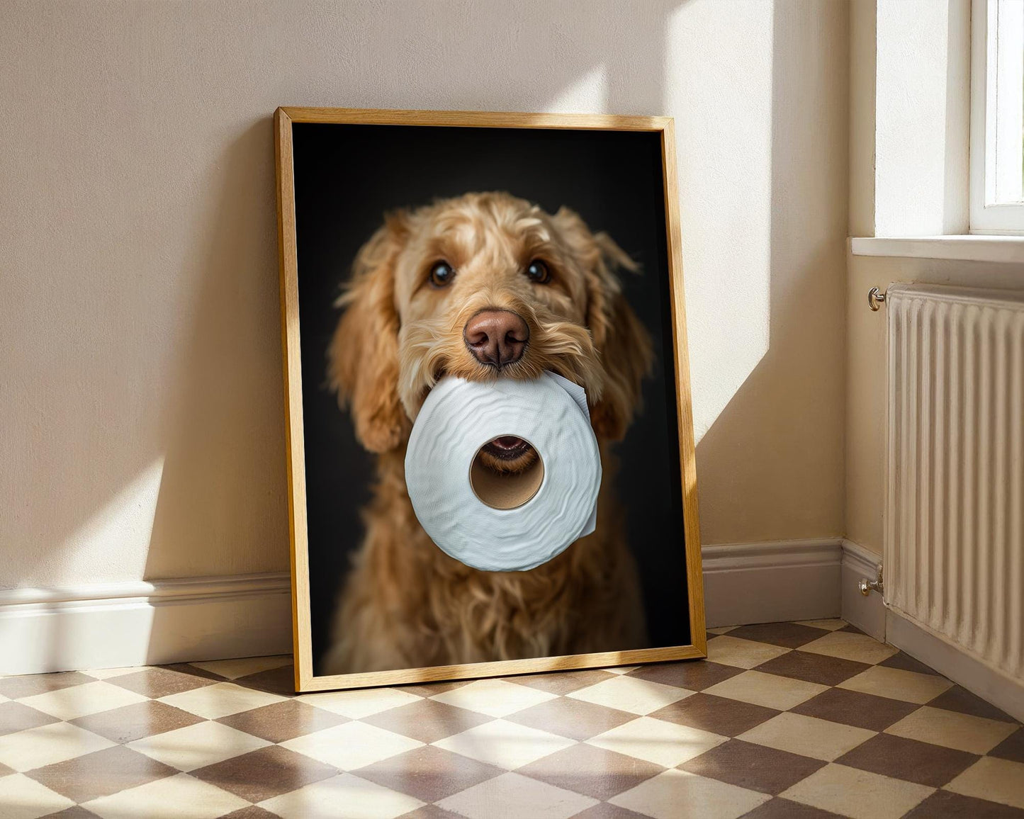 Goldendoodle Holding Toilet Paper – Funny Dog Bathroom Wall Art, Cute Golden Doodle Print for Dog Lovers, Unframed Pet Photography Decor