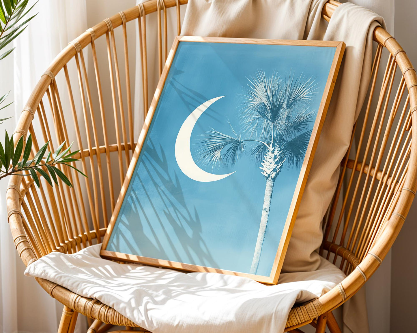 South Carolina Flag Art Print – Minimalist Crescent Moon & Palmetto Wall Decor, Coastal Southern Home Artwork, Blue Palm Tree Poster