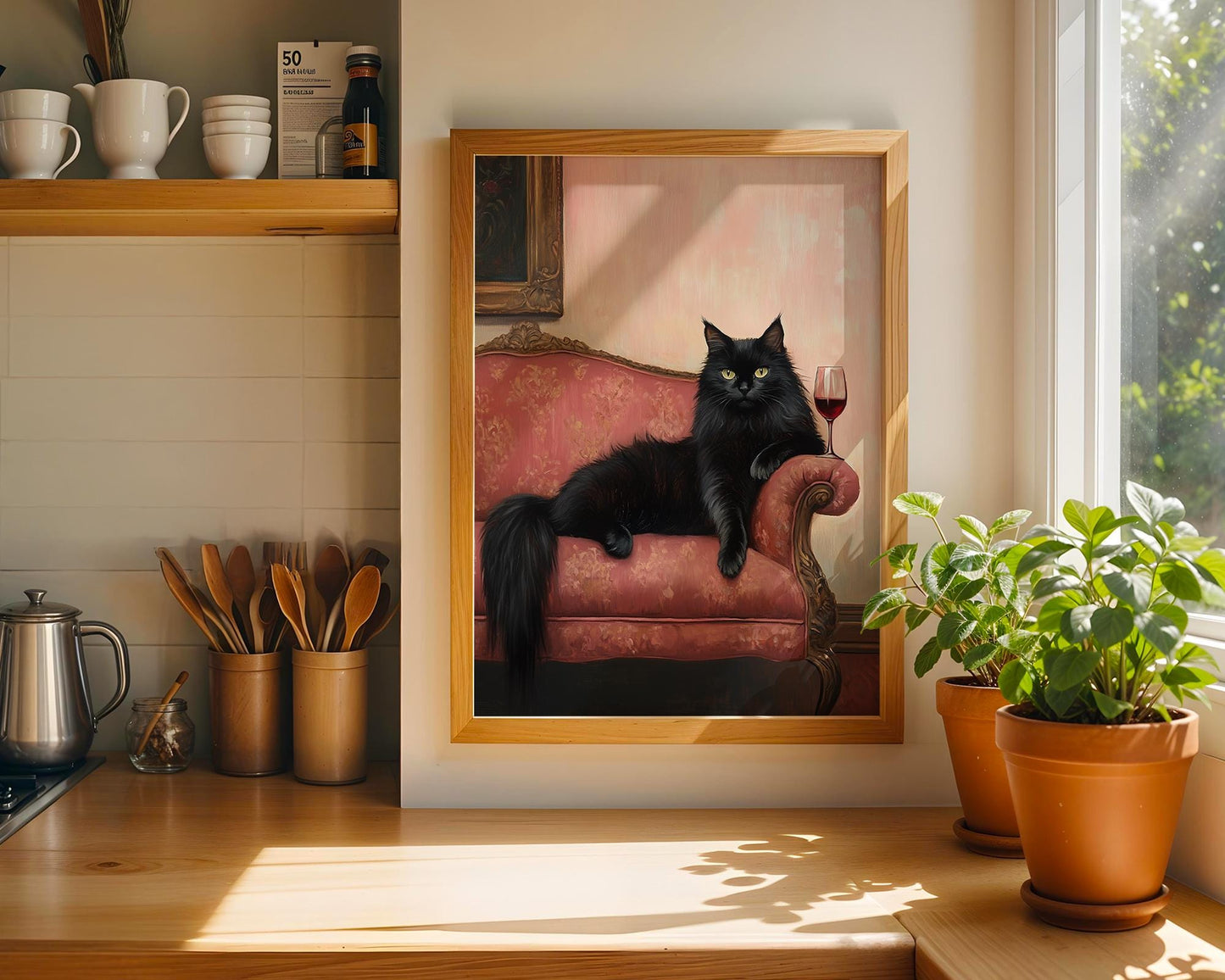 Elegant Black Cat Oil Painting – Funny Regal Cat Wall Art, Wine & Cat Lover Gift, Baroque Style Feline Portrait, Lounge Decor Print