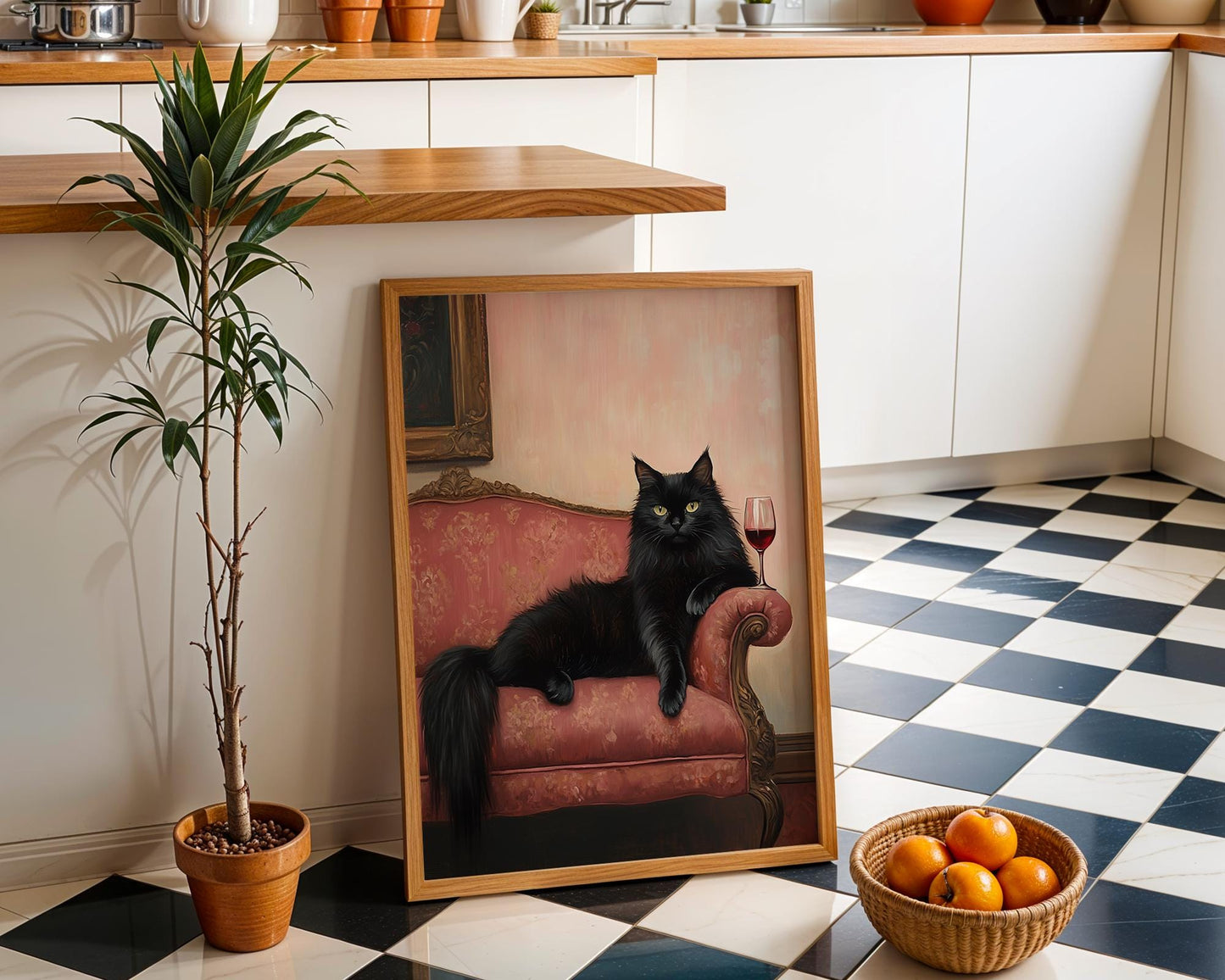 Elegant Black Cat Oil Painting – Funny Regal Cat Wall Art, Wine & Cat Lover Gift, Baroque Style Feline Portrait, Lounge Decor Print