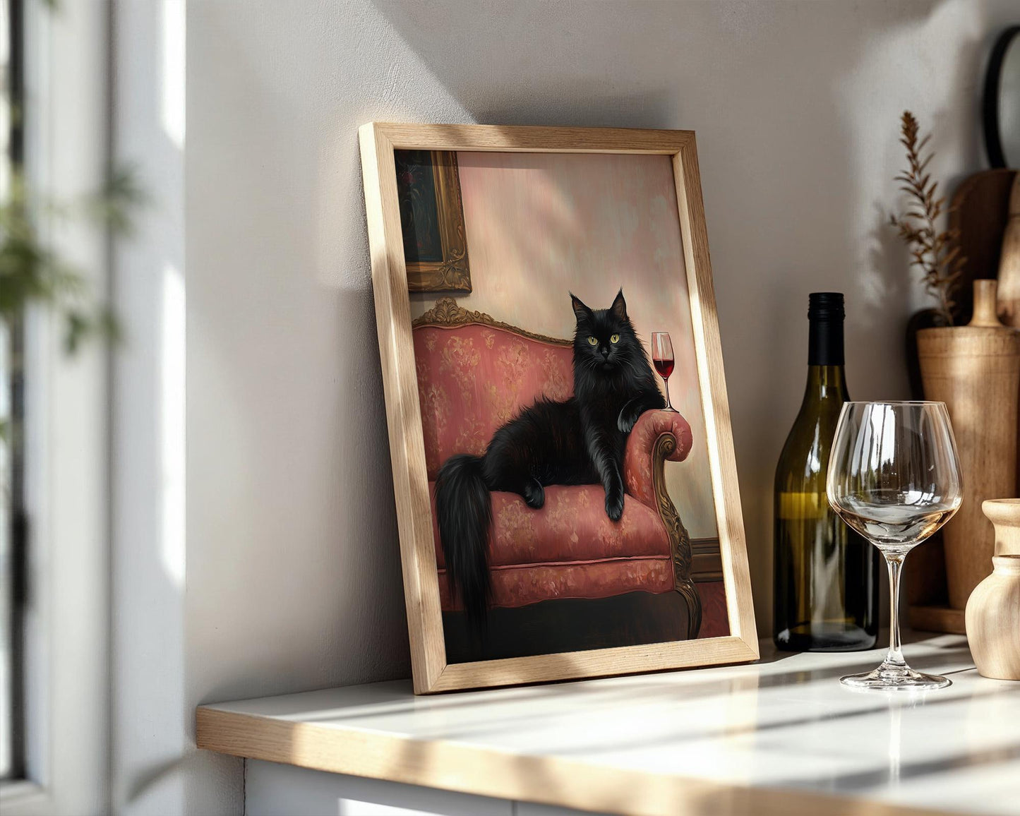 Elegant Black Cat Oil Painting – Funny Regal Cat Wall Art, Wine & Cat Lover Gift, Baroque Style Feline Portrait, Lounge Decor Print