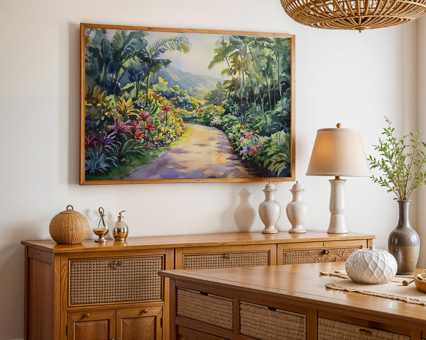 Road to Hana Watercolor Print – Tropical Botanical Path Wall Art, Hawaii Nature Painting, Lush Jungle Landscape Home Decor
