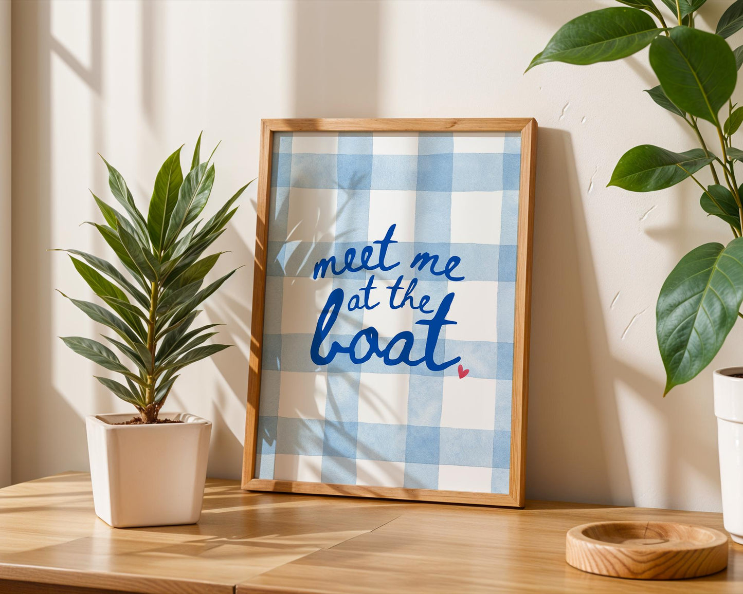 Meet Me at the Boat Art Print – Nautical Lake House Wall Decor, Blue Gingham Summer Sign, Coastal Cabin Quote, Boat Life Gift