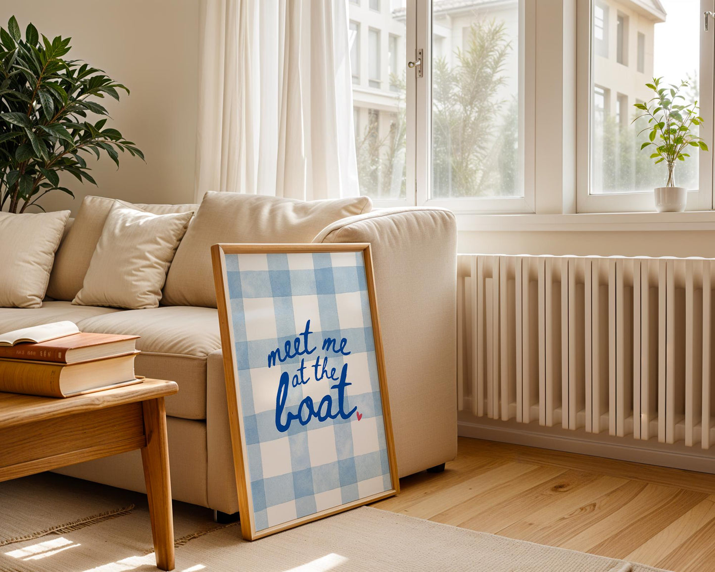 Meet Me at the Boat Art Print – Nautical Lake House Wall Decor, Blue Gingham Summer Sign, Coastal Cabin Quote, Boat Life Gift